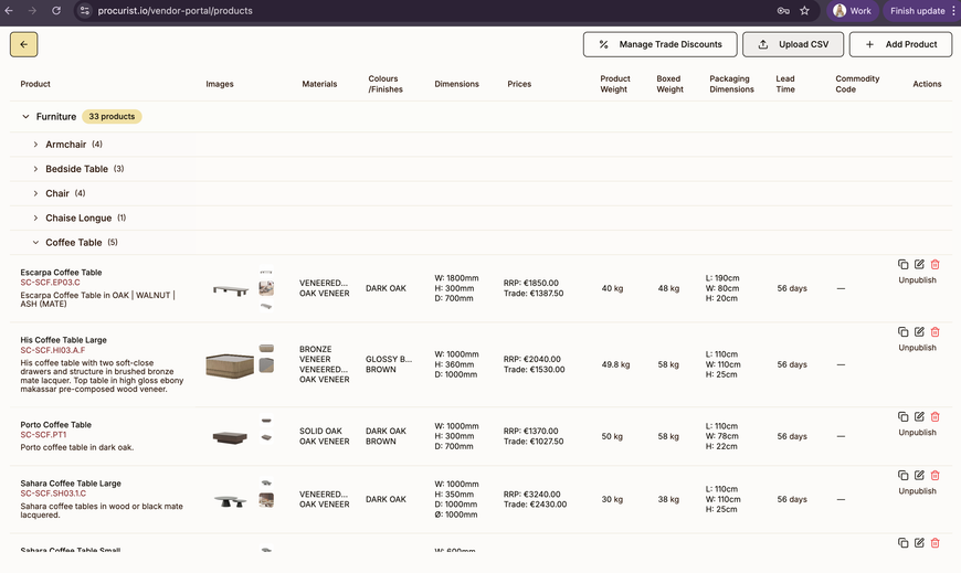 Vendor catalogue table listing furniture with materials, dimensions, prices and lead times