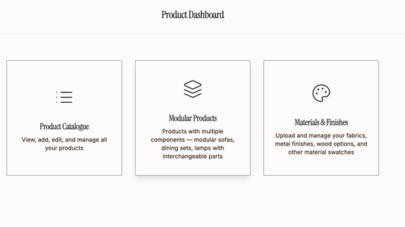 Vendor portal product dashboard with Product Catalogue, Modular Products and Materials & Finishes