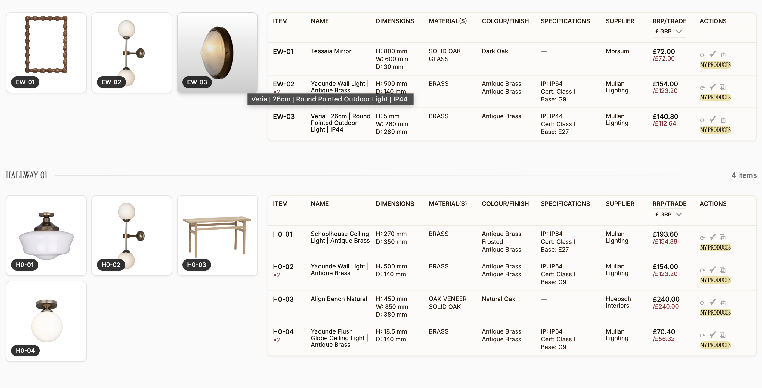 Procurist FF&E schedule showing hallway and entrance room sections with product images, item codes, dimensions, materials, colour, specifications, supplier names, RRP and trade pricing, and lead times