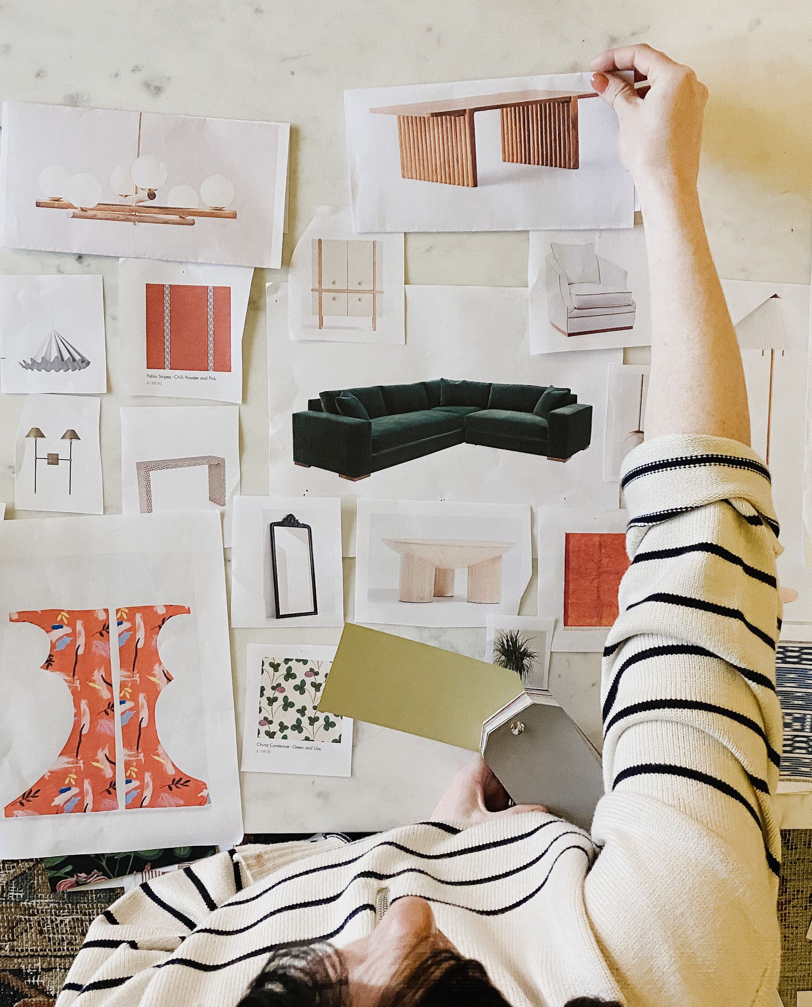 Interior designer's mood board of furniture, fabric and finish references