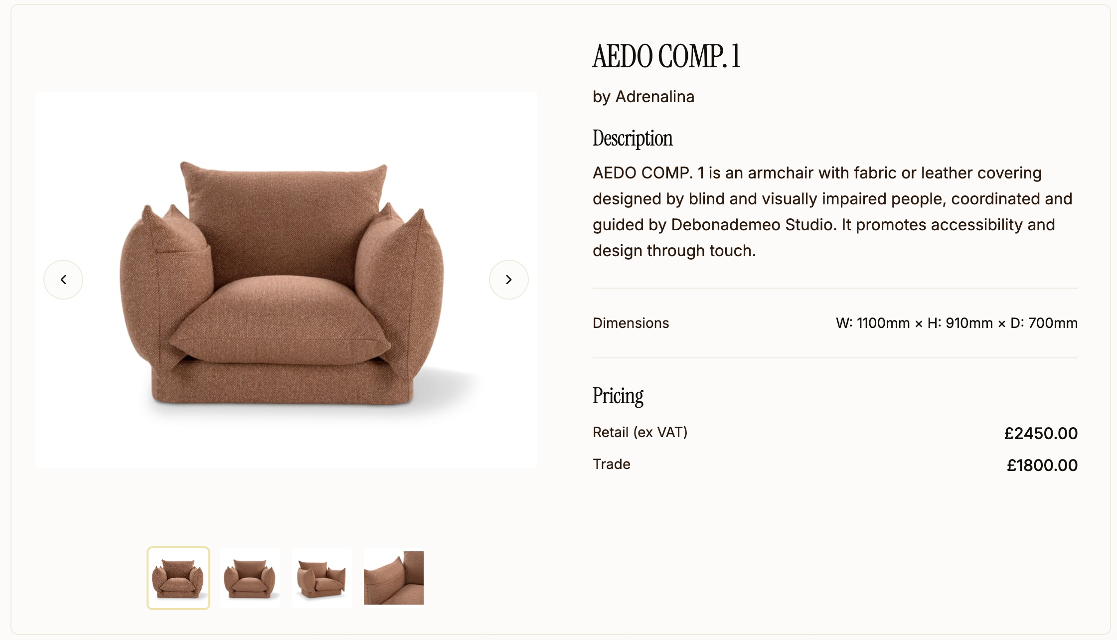 Procurist product detail page showing AEDO COMP.1 armchair by Adrenalina with product images, description, dimensions, retail and trade pricing