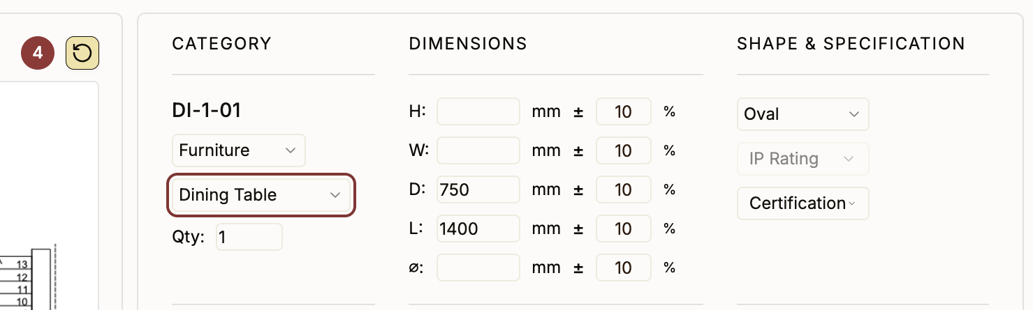 Procurist FF&E sourcing interface showing category, dimension, shape, and specification filters for finding matching products