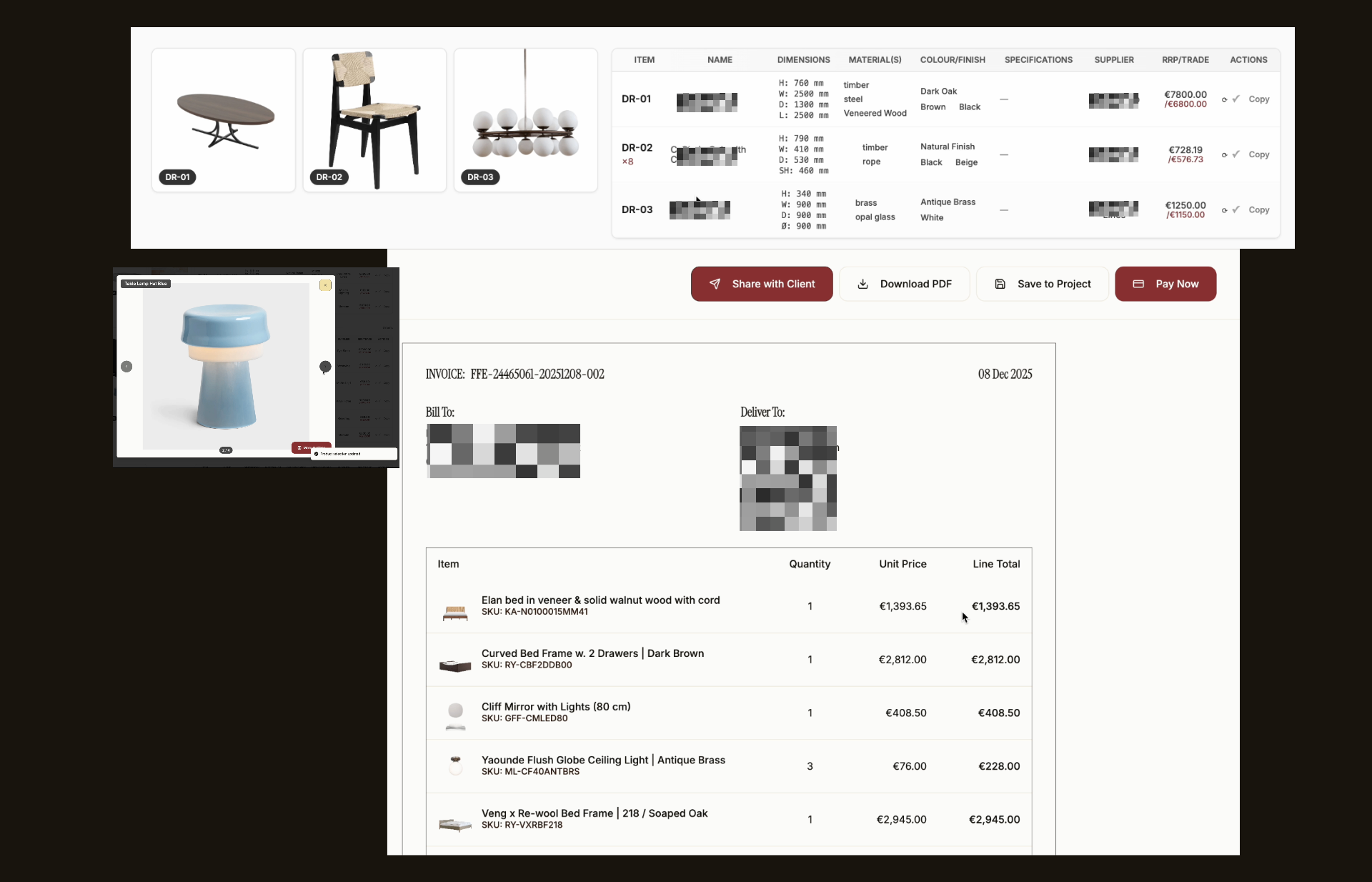 Procurist FF&E specifications with trade pricing, share with client, download PDF, and invoice generation features