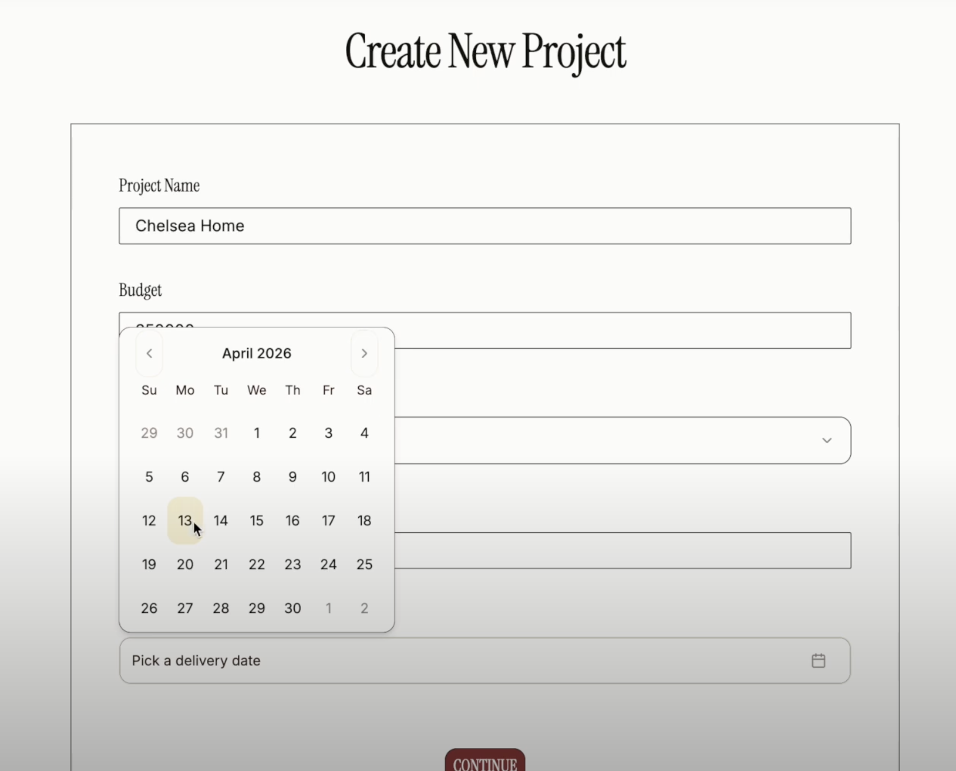 Procurist Create New Project screen showing project name, budget, delivery date picker, and continue button