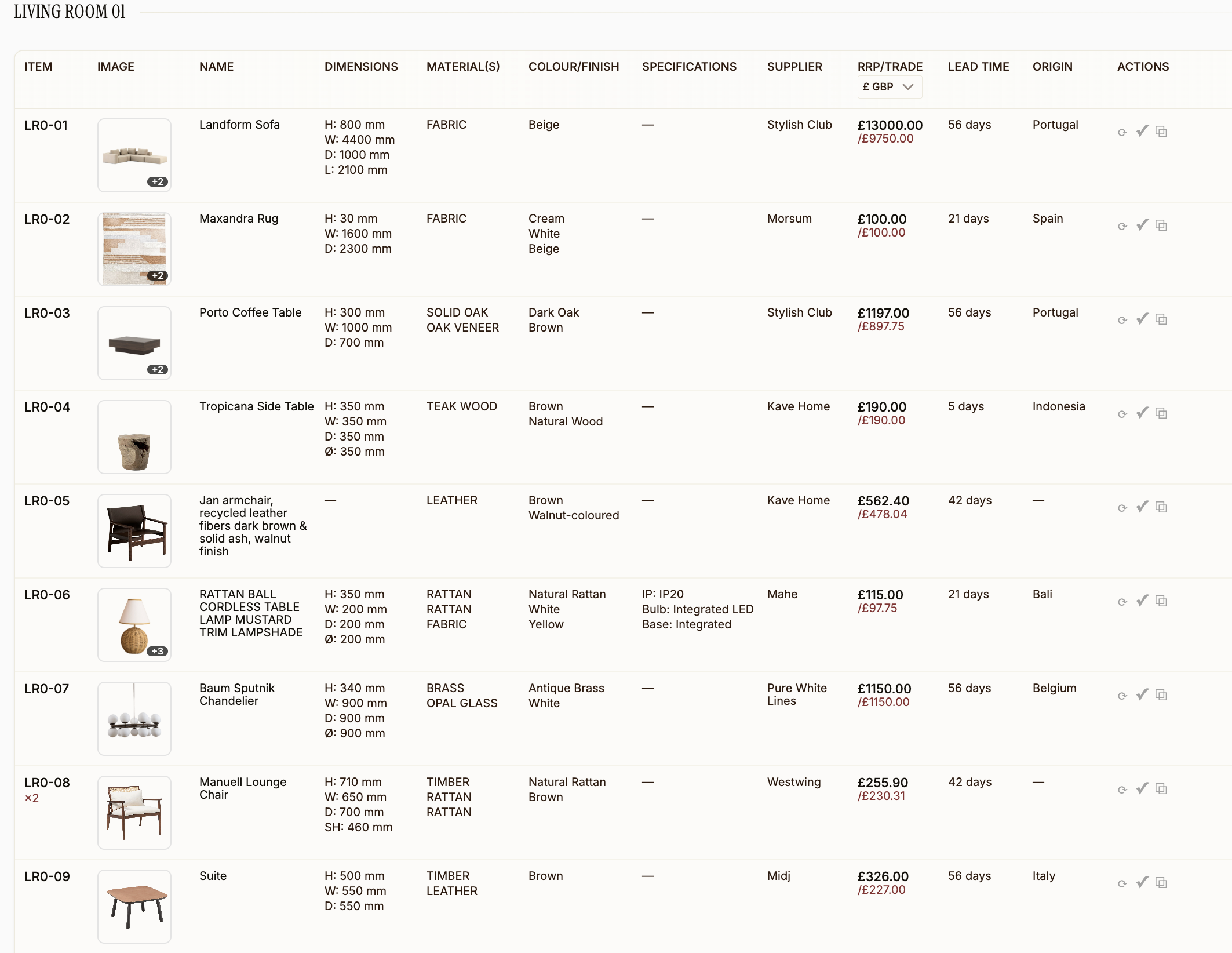 Procurist FF&E schedule for a living room showing product images, dimensions, materials, specifications, supplier, trade pricing, and lead times