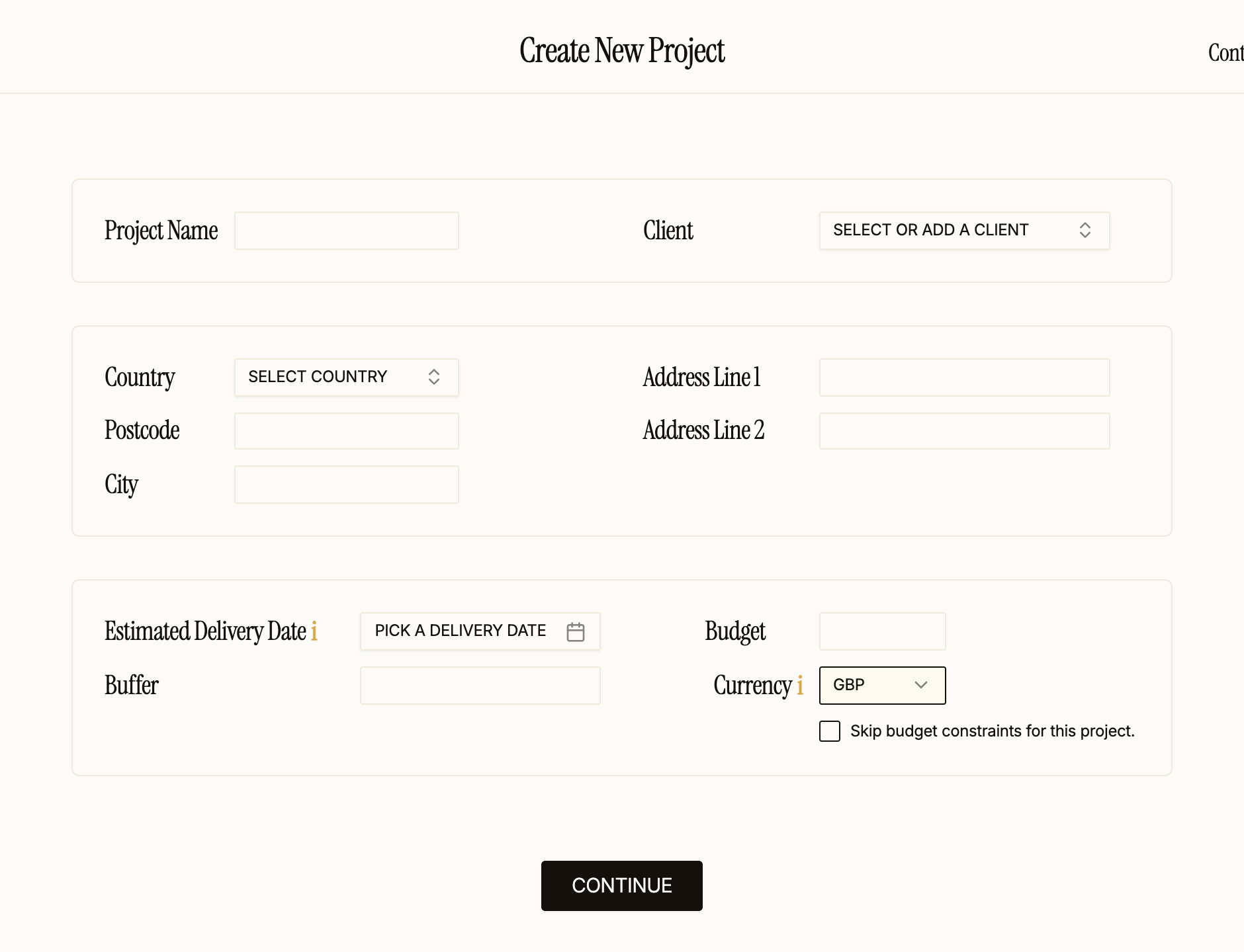 Procurist Create New Project page