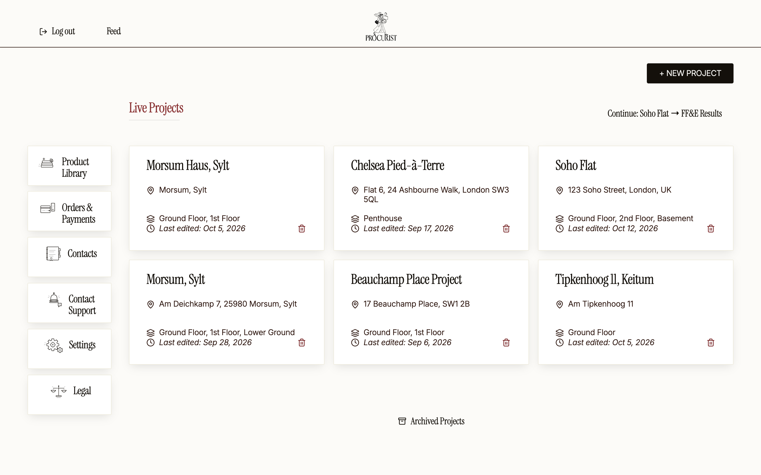 Procurist dashboard: live projects, each with its address, floors and last edit