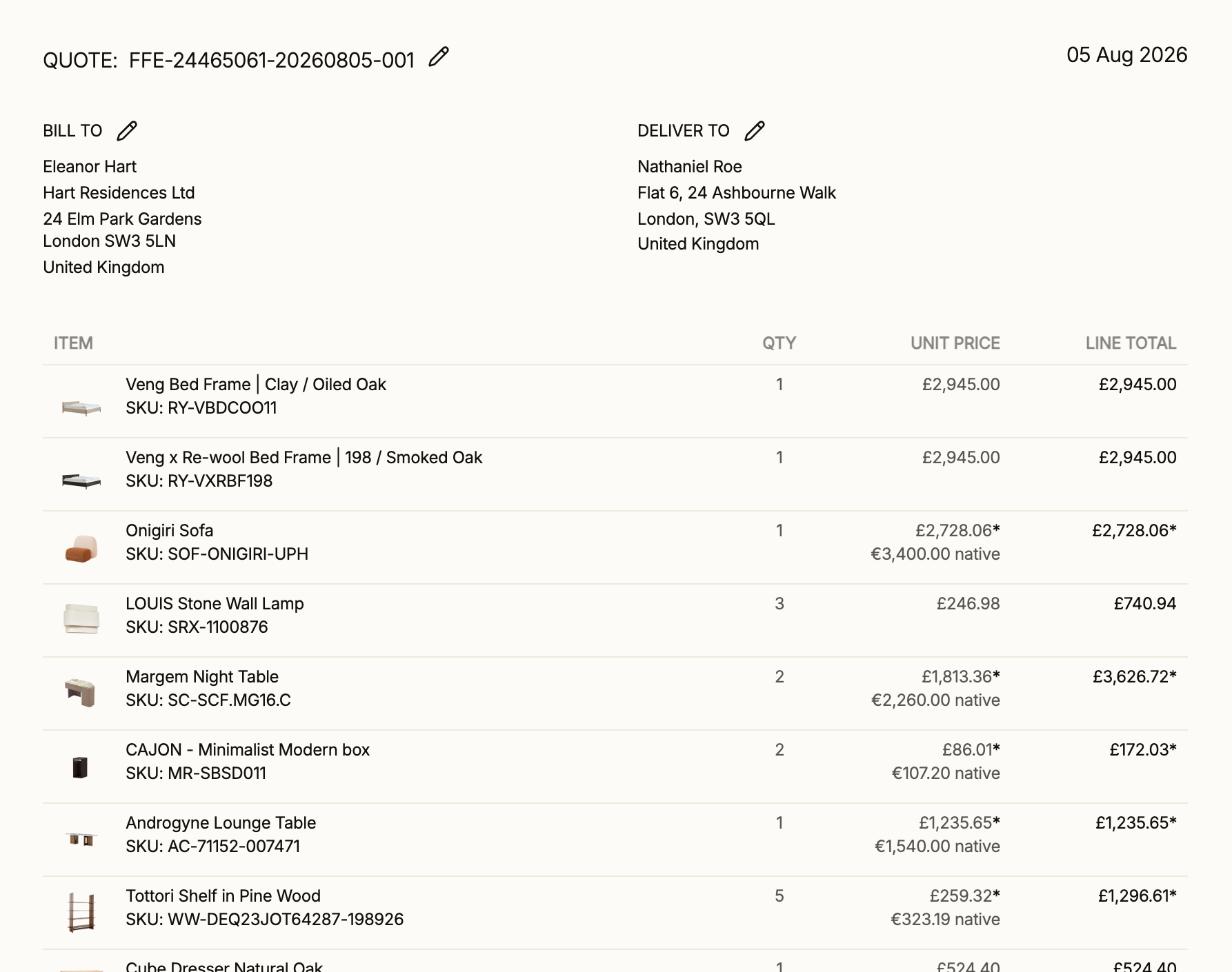 Client quote generated from the FF&E schedule, billed to the client with every priced line